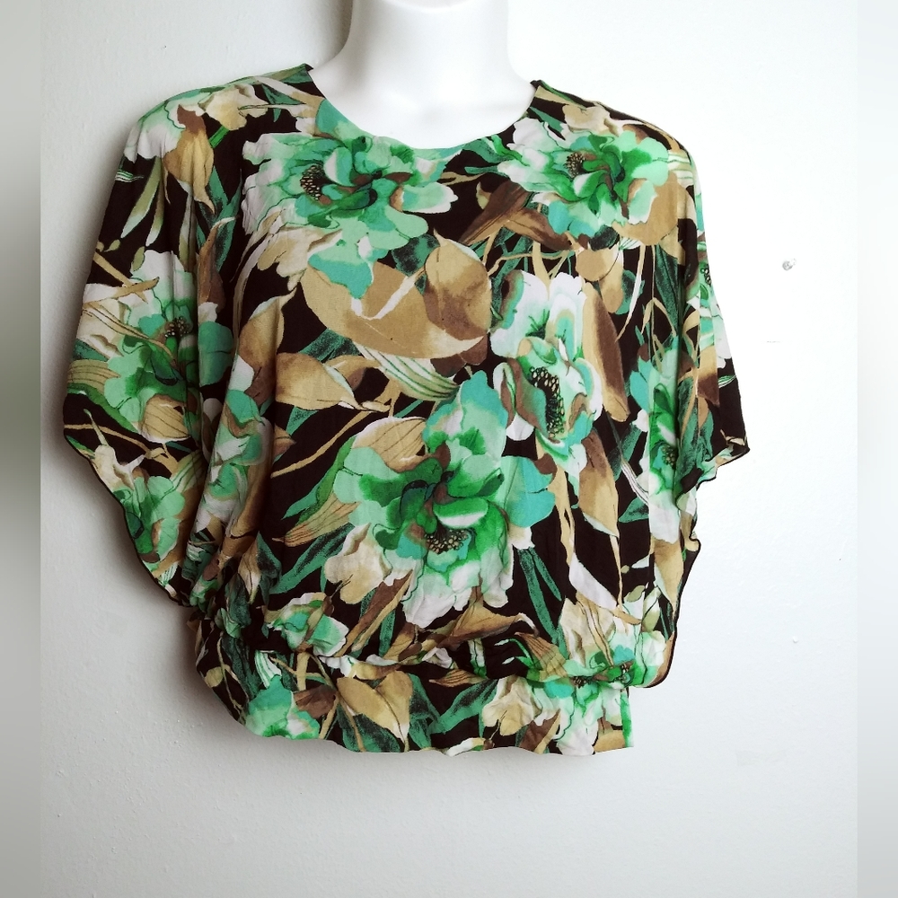 JM Collection L Black Floral Print Blouse Summer Vacation